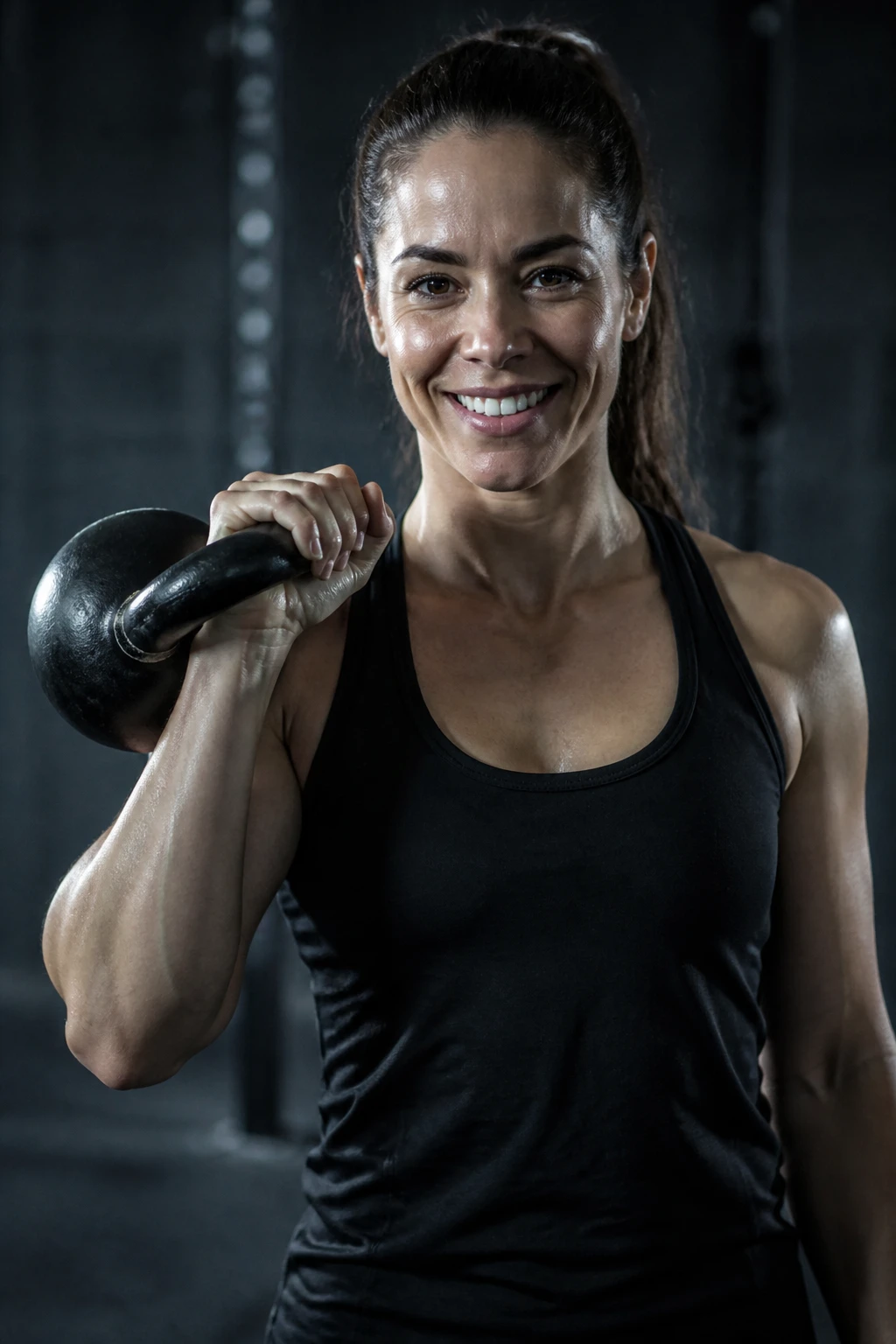 Retrato da coach Bianca segurando uma kettlebell, sorriso de incentivo, fundo escuro da box