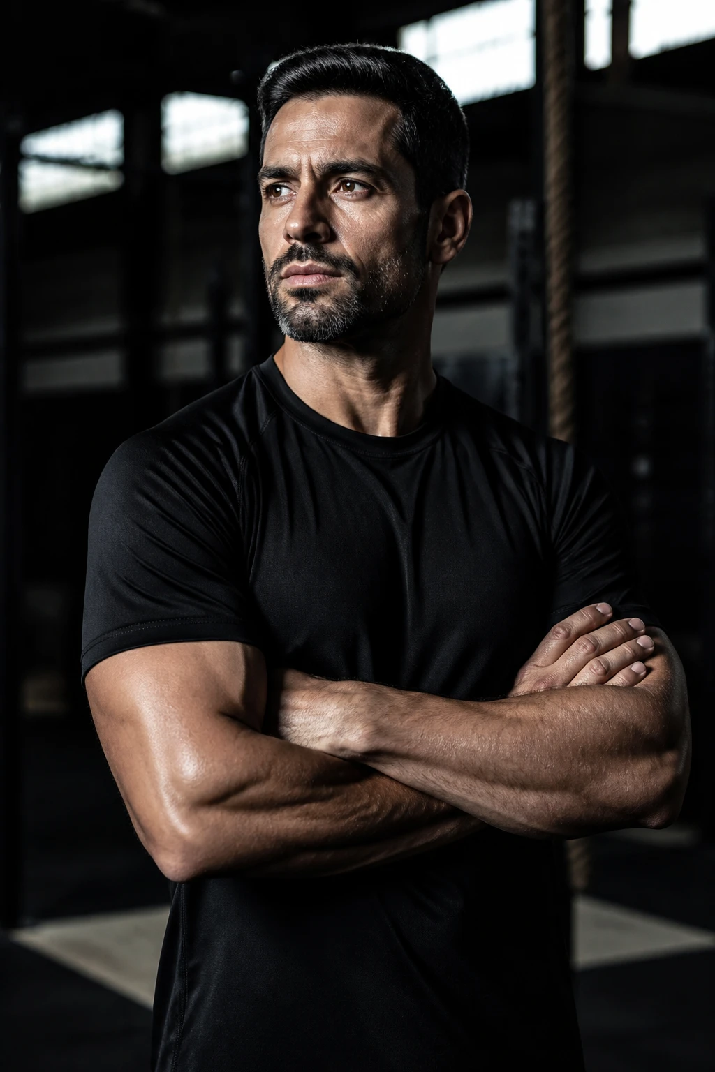 Retrato do coach Rafael em ação na box, observando um atleta, expressão firme, iluminação dramática