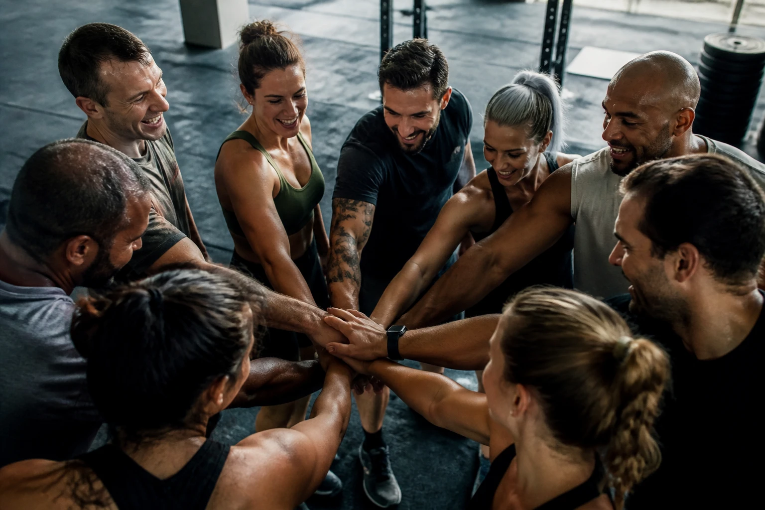 Turma reunida ao fim do treino, mãos ao centro, suor e sorrisos cansados na box, alto contraste