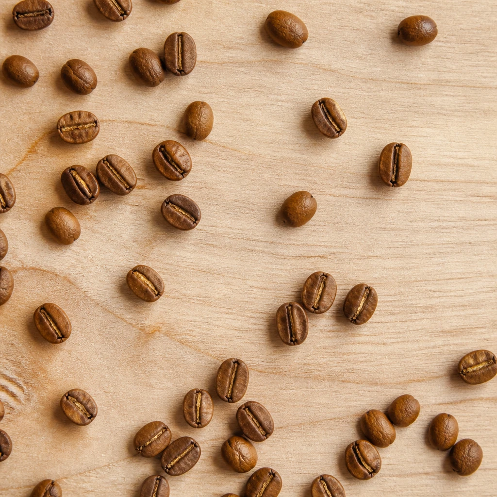 Grãos de café torra média espalhados sobre madeira clara, com luz natural lateral revelando o brilho dos óleos na superfície