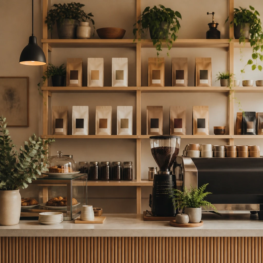 Balcão de café com estante de grãos ao fundo, prateleiras de madeira clara com sacos de café etiquetados e plantas, em ambiente acolhedor
