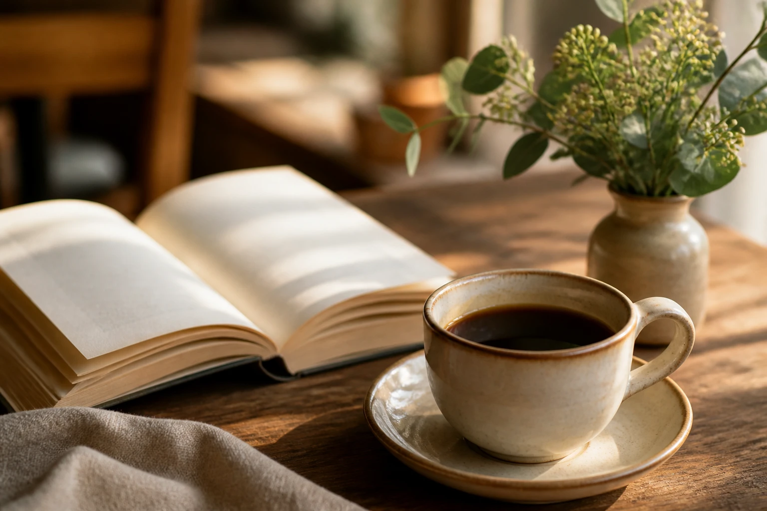 Detalhe de uma mesa com livro aberto, xícara de coado e um vaso pequeno de folhagem, luz dourada lateral e tons de linho e madeira