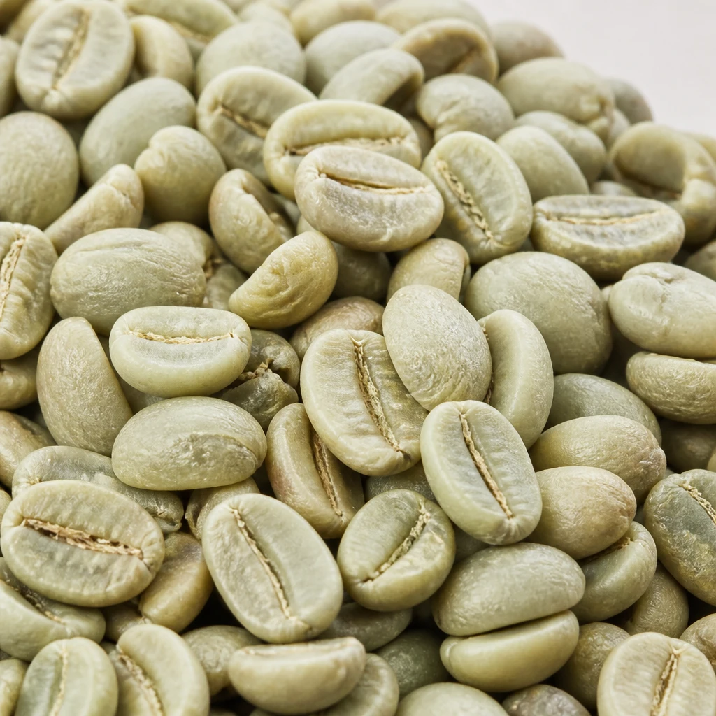 Grãos de café verde, ainda crus, de tom esverdeado pálido, em close sobre fundo claro