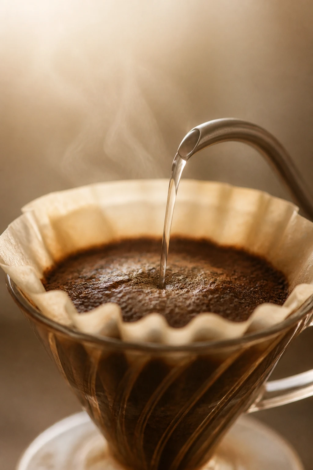 Macro de um coado V60 em câmara lenta: a água quente cai sobre o pó de café molhado e o vapor sobe contra a luz dourada da manhã