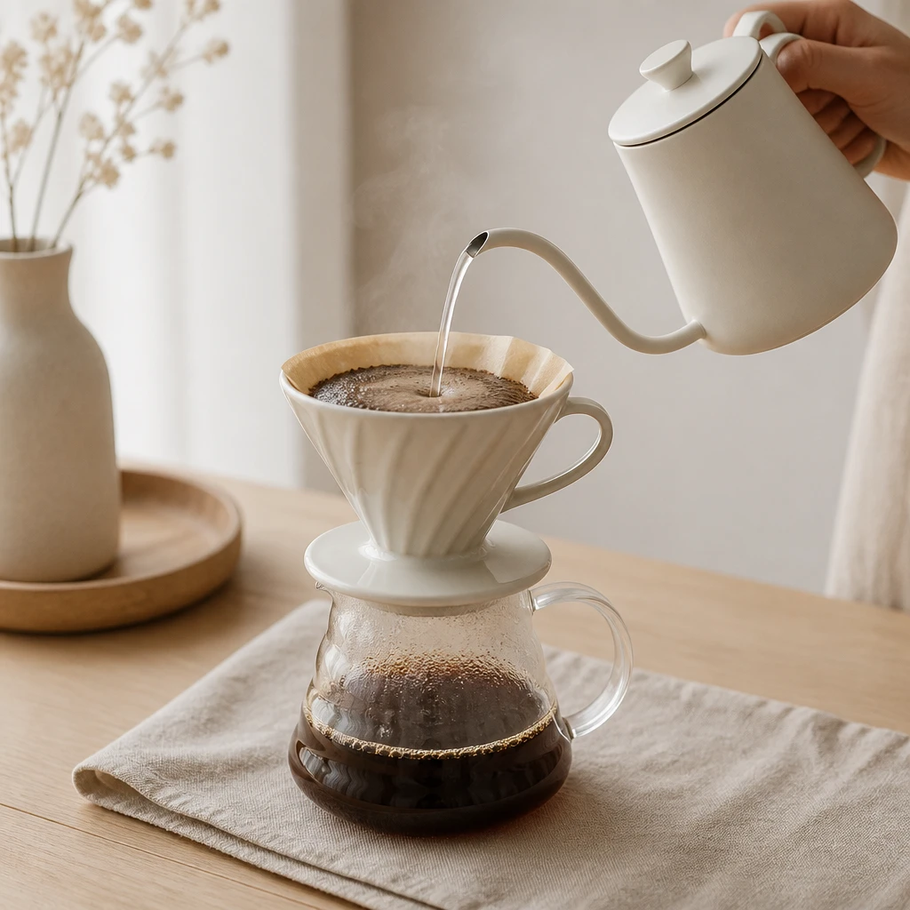 Coador V60 cerâmico claro sobre uma jarra de vidro, água quente sendo despejada em círculos lentos pelo bico fino da chaleira