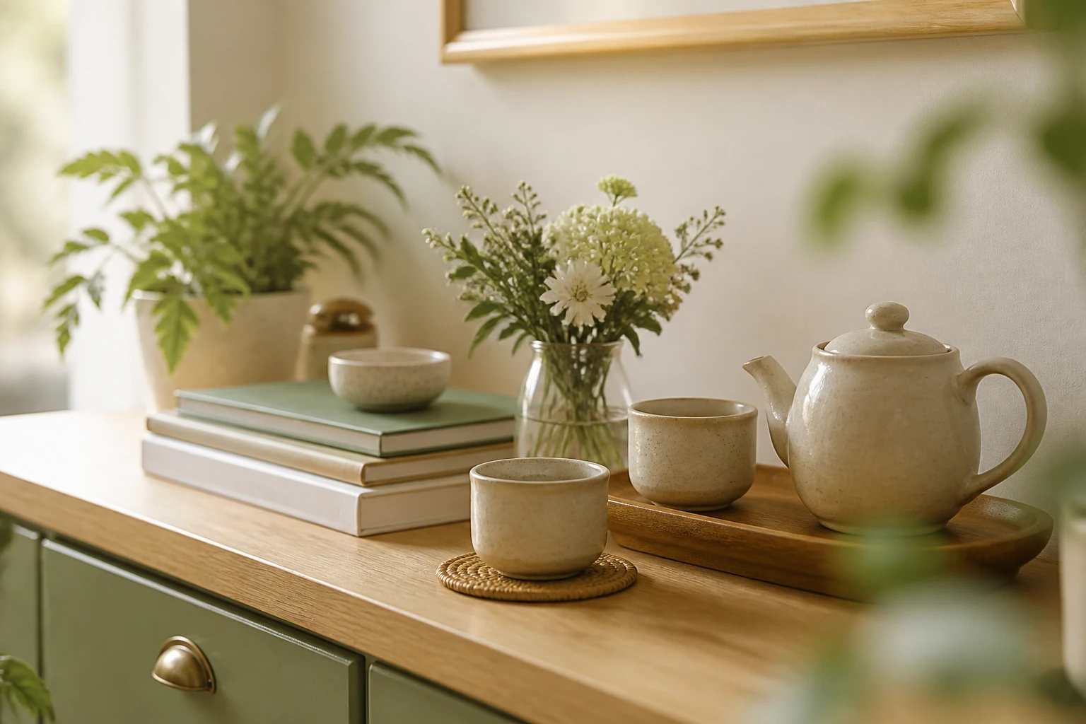Cantinho do café com xícaras, livros e flores, convidando à conversa calma antes do atendimento