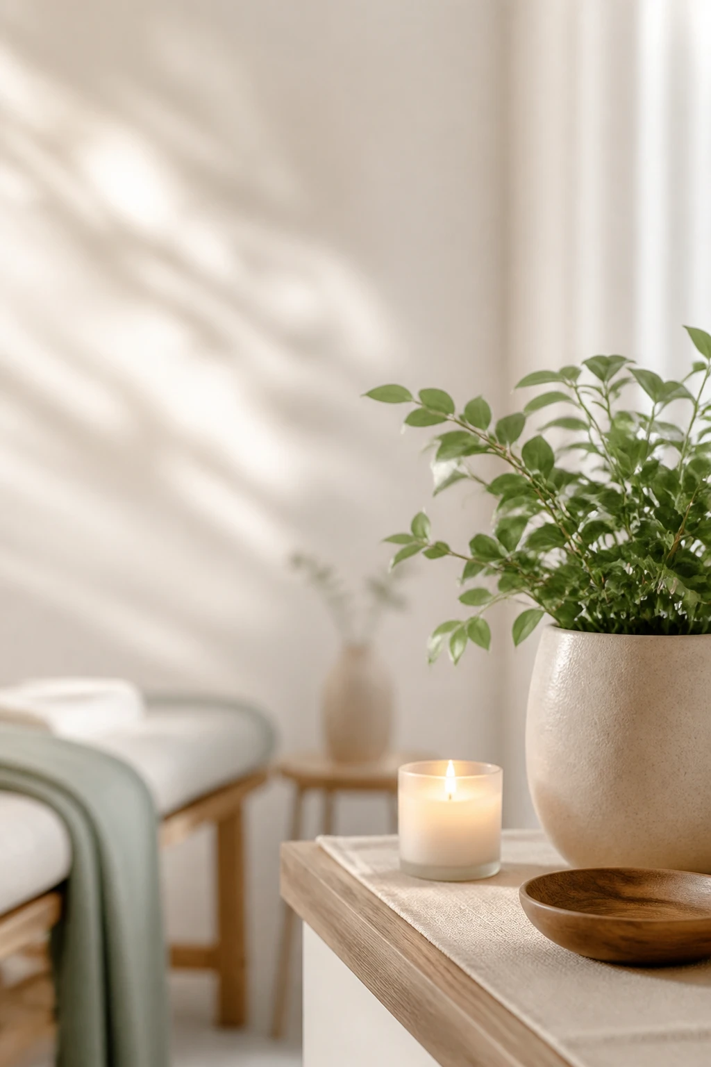 Detalhe aconchegante do consultório: vaso de planta, vela e textura natural sob luz suave