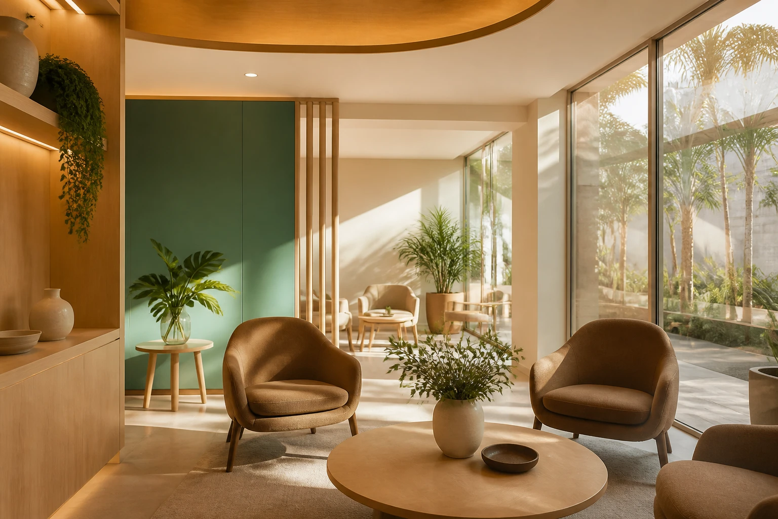 Recepção acolhedora com madeira clara, poltronas confortáveis, plantas e luz natural quente