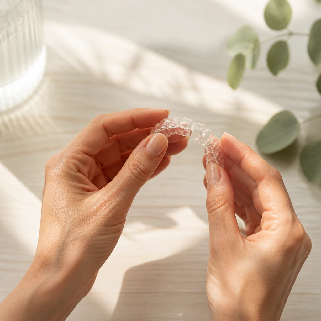 Mãos segurando alinhador transparente quase invisível, luz natural quente sobre superfície clara