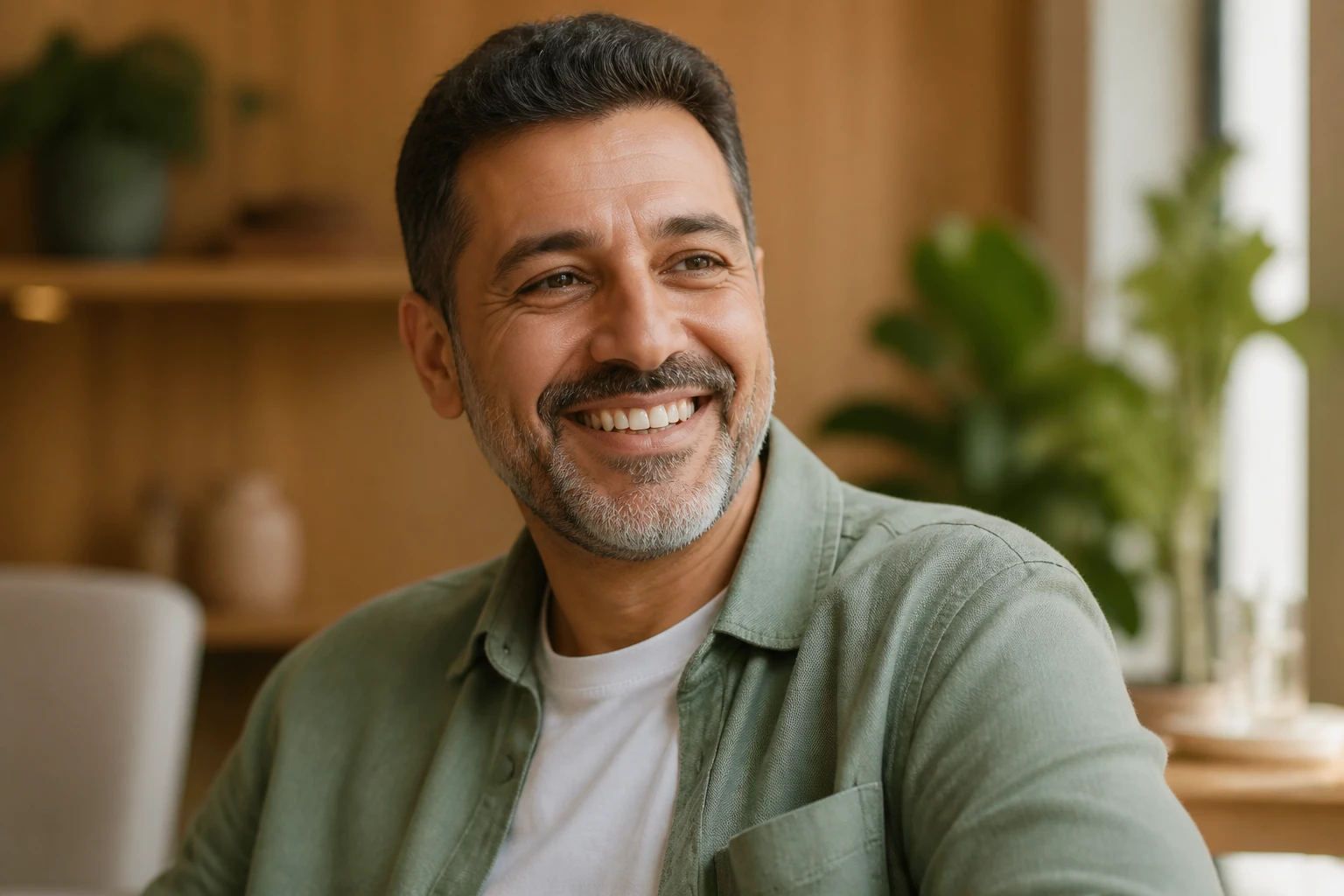 Pessoa madura sorrindo com confiança em ambiente acolhedor, representando reabilitação com implantes