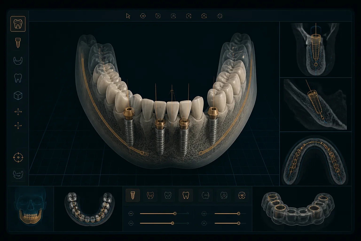 Software de planejamento digital 3D mostrando implantes posicionados na arcada