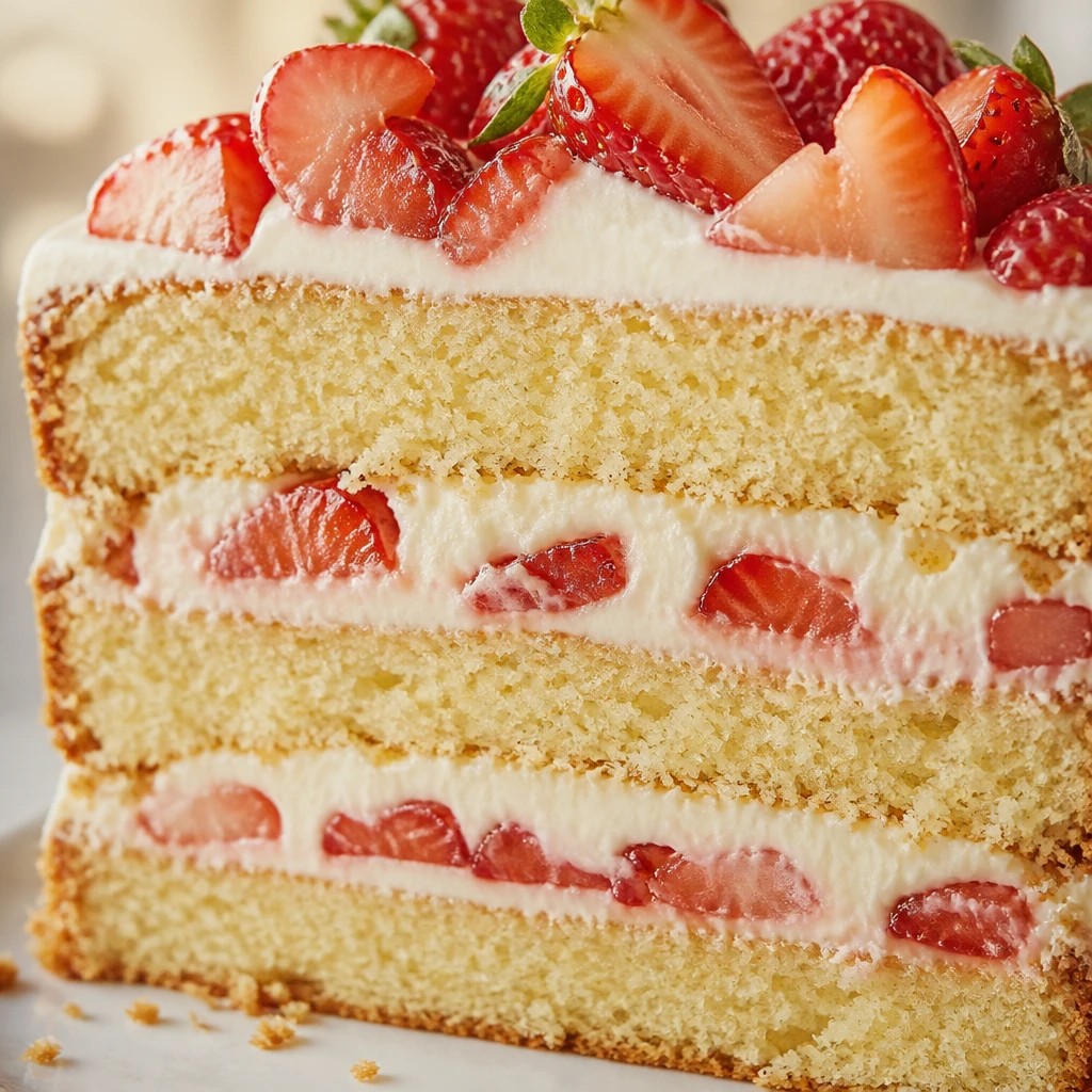 Naked cake em corte mostrando camadas de massa de baunilha intercaladas com recheio cremoso e morangos, lateral sem cobertura revelando o miolo, em luz natural difusa
