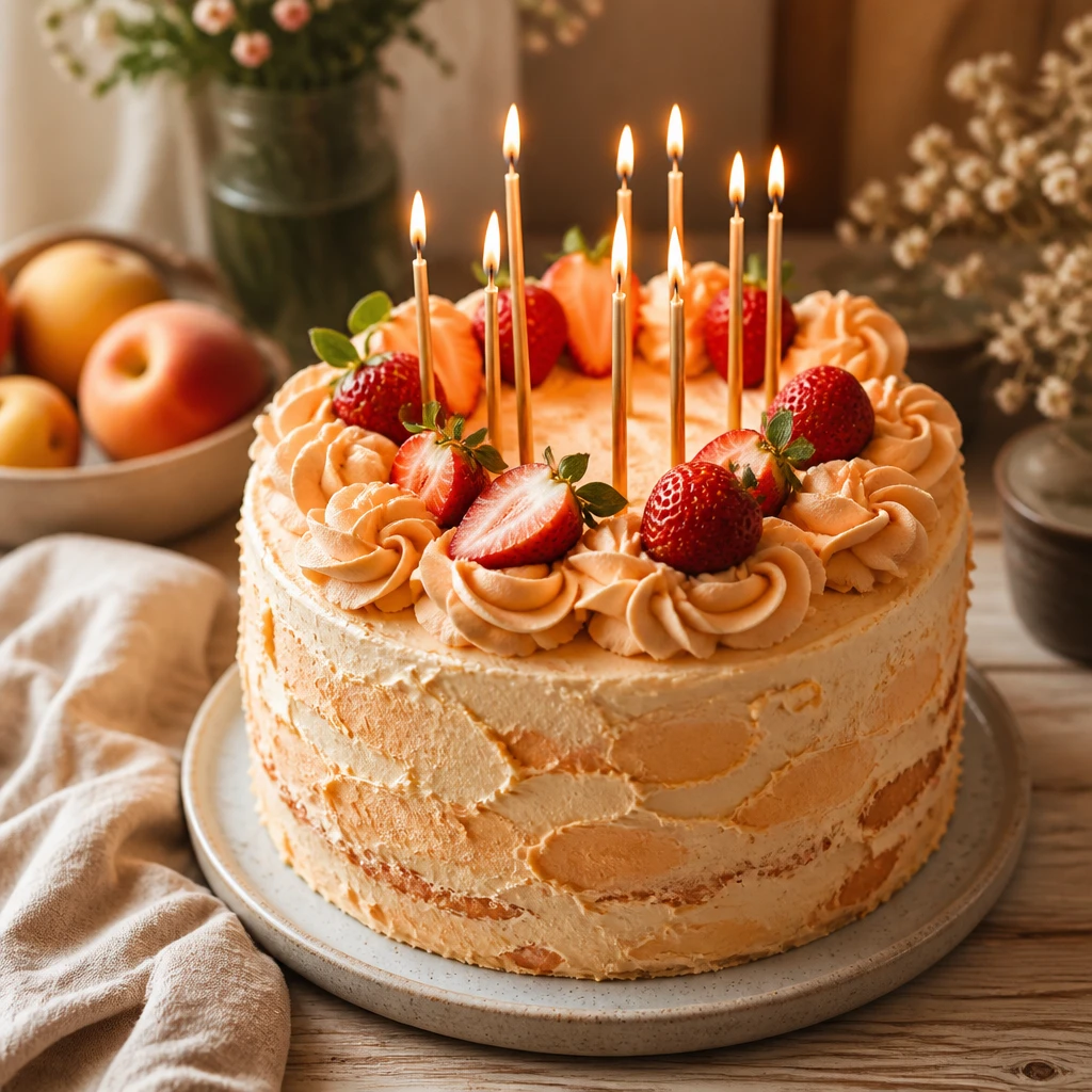 Bolo de aniversário com cobertura rústica de buttercream cor pêssego e morangos frescos, com velas finas acesas, fotografado em 45 graus sobre madeira clara