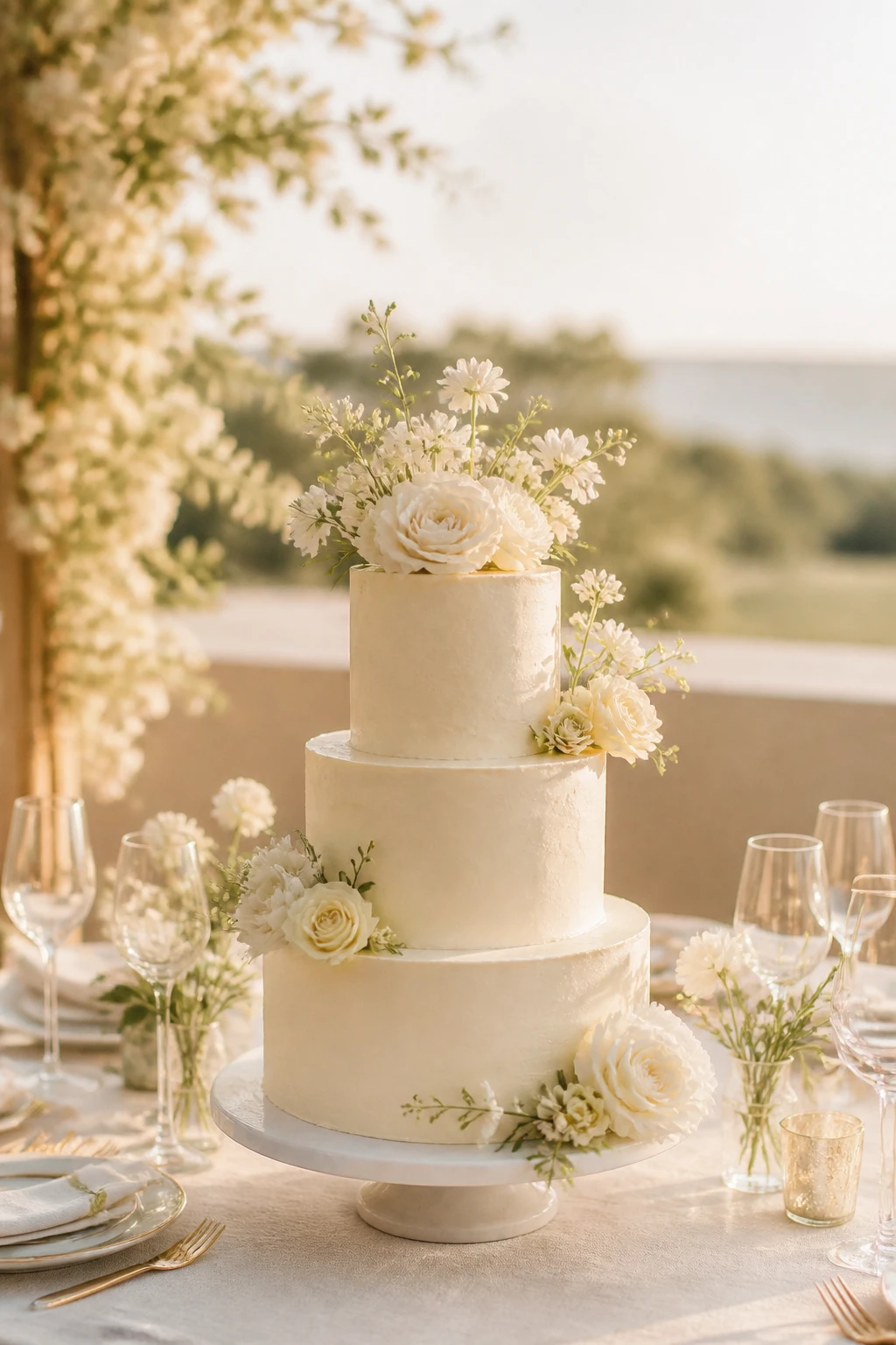 Bolo de casamento de três andares com cobertura de buttercream marfim e flores naturais delicadas, sobre mesa posta com toalha de linho e luz suave de fim de tarde