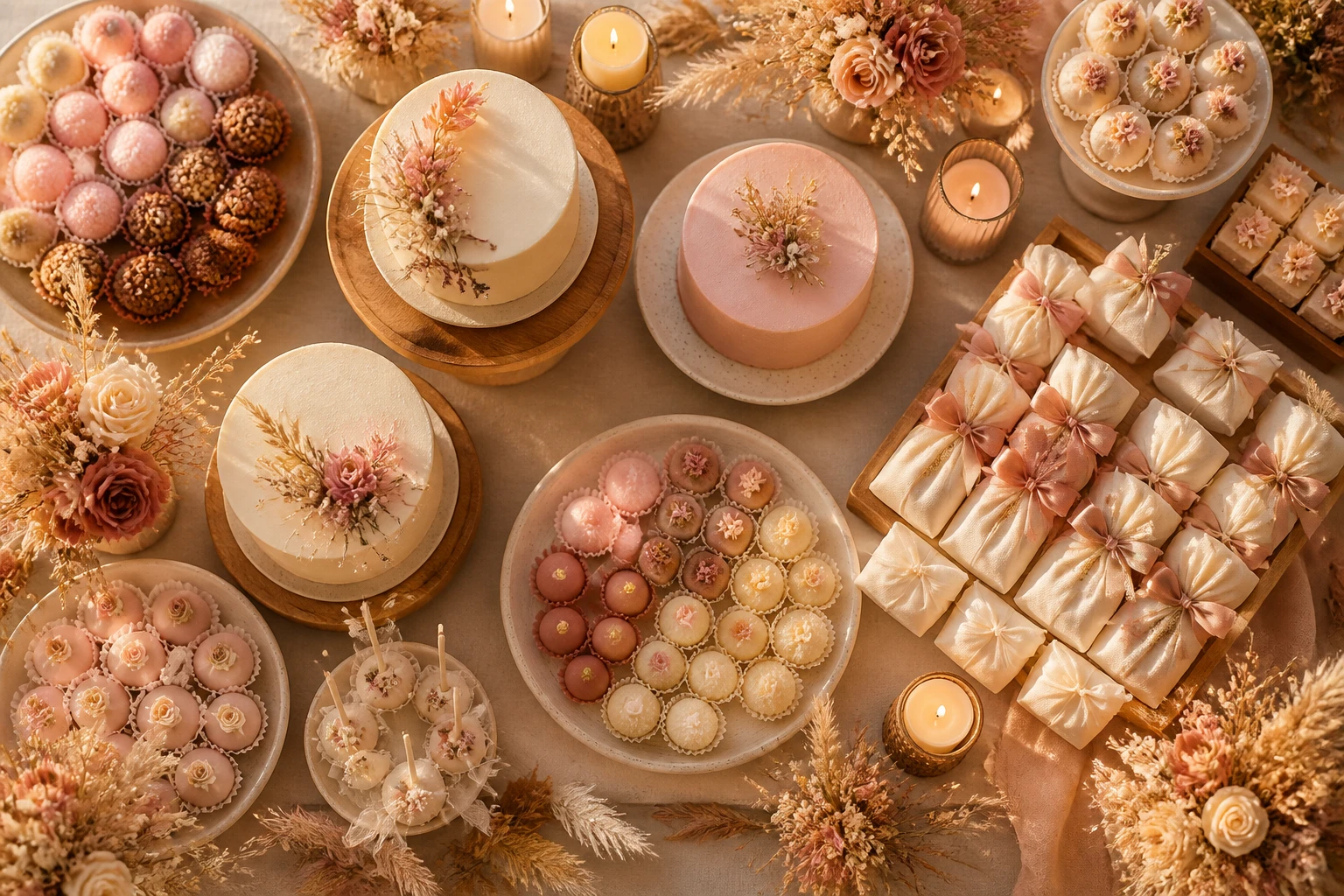 Mesa de chá de bebê com mini bolos, doces pastel e bem-casados arrumados com flores secas e velas, vista de cima sob luz natural quente e dourada