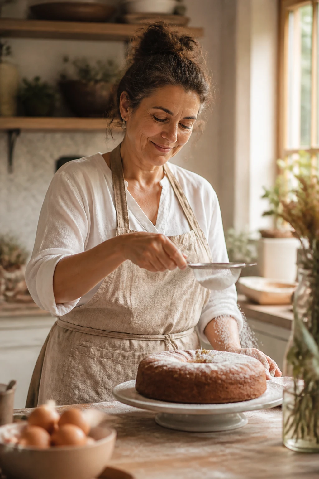 Retrato de Ofélia, confeiteira de meia-idade, sorrindo serena enquanto polvilha açúcar sobre um bolo na bancada de uma cozinha caseira iluminada por luz de janela