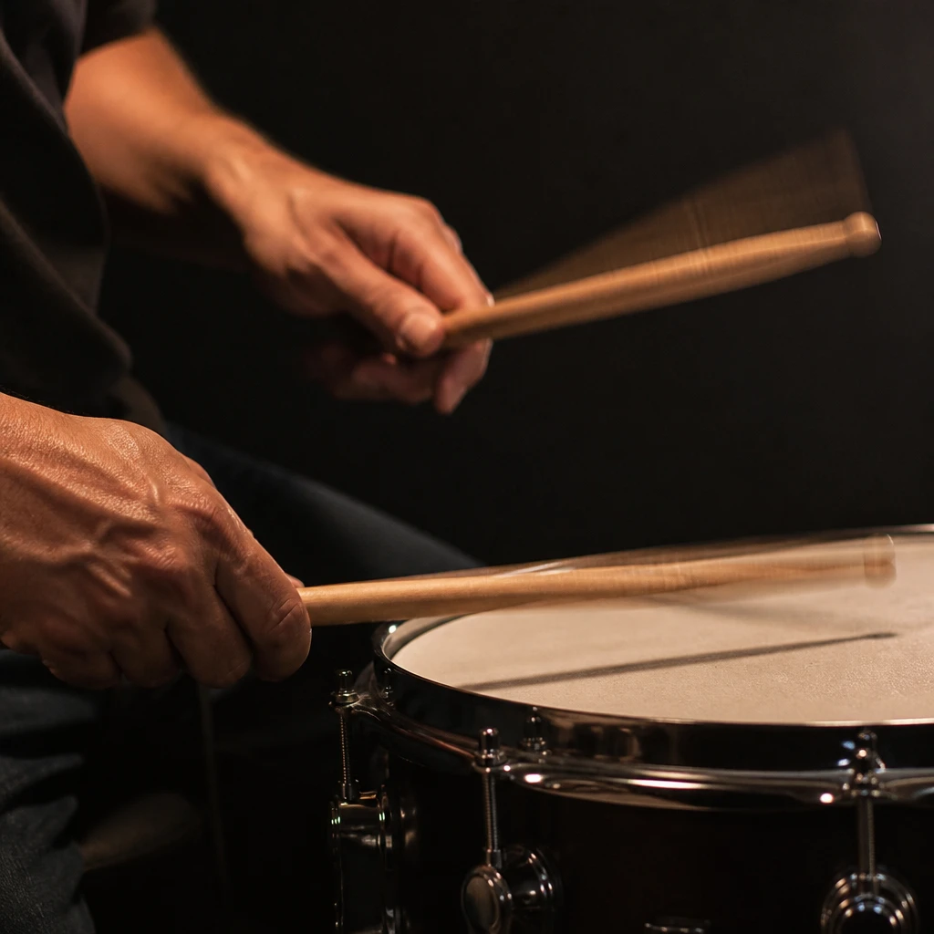 Mãos segurando baquetas em movimento sobre uma caixa de bateria, com luz lateral quente e fundo escuro