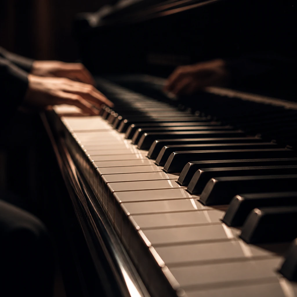 Mãos de uma pessoa tocando piano vertical, dedos sobre teclas brancas e pretas, ambiente escuro e iluminação quente