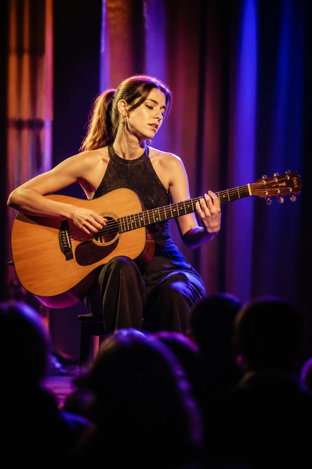Aluna jovem tocando violão no palco de um recital, banhada por luzes coloridas, plateia na penumbra