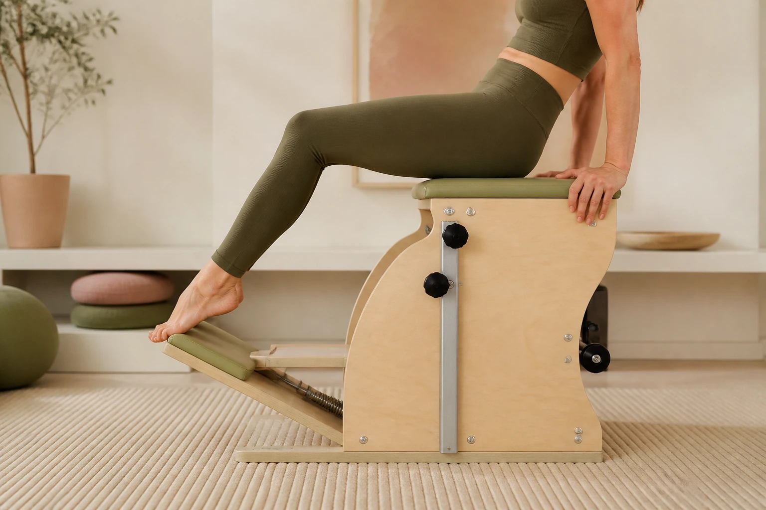 Pés e mãos posicionados sobre a chair de pilates, movimento controlado, ambiente claro e ordenado