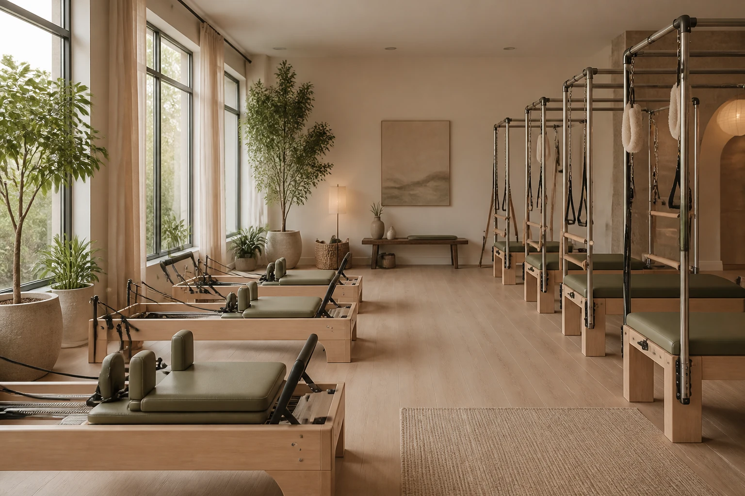 Interior do estúdio de pilates com aparelhos alinhados, plantas e luz natural entrando por grandes janelas