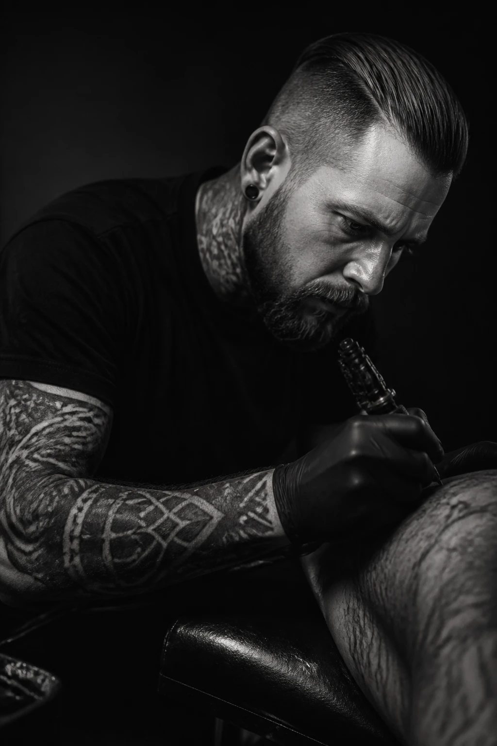 Retrato em preto e branco do tatuador Kael Brunner com tatuagens blackwork densas no braço, expressão concentrada