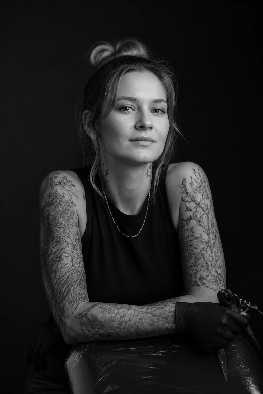 Retrato em preto e branco da tatuadora Lia Verano com os braços tatuados em fine-line, olhar sereno