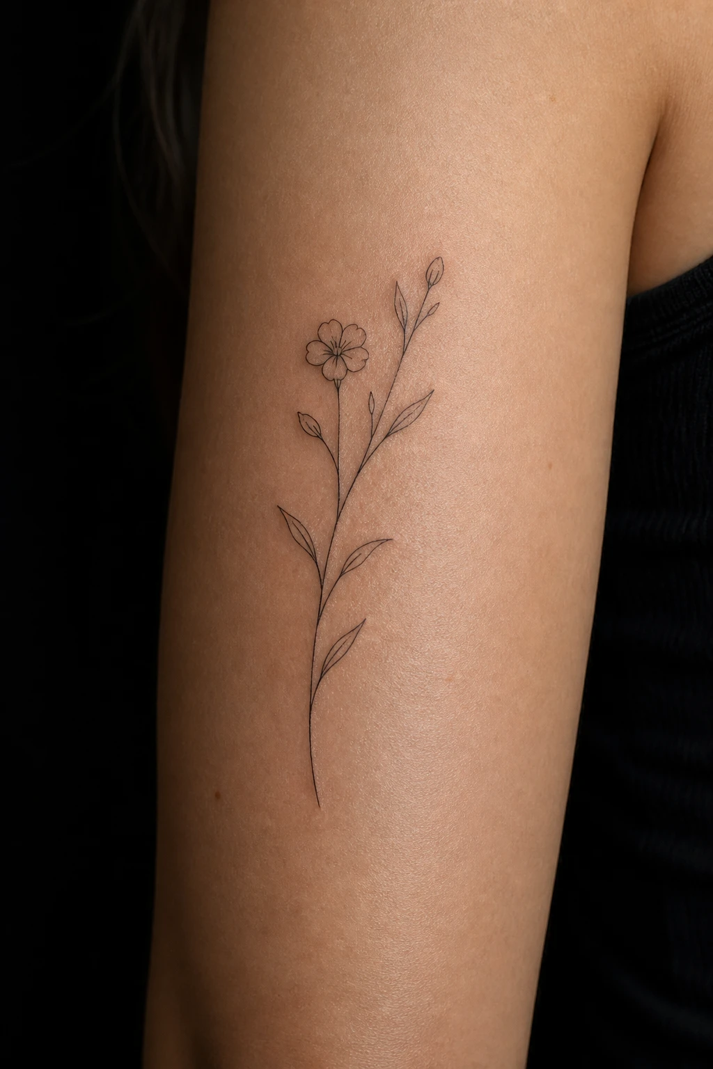 Detalhe de tatuagem fine-line com traços extremamente finos e delicados na pele, exemplo do estilo