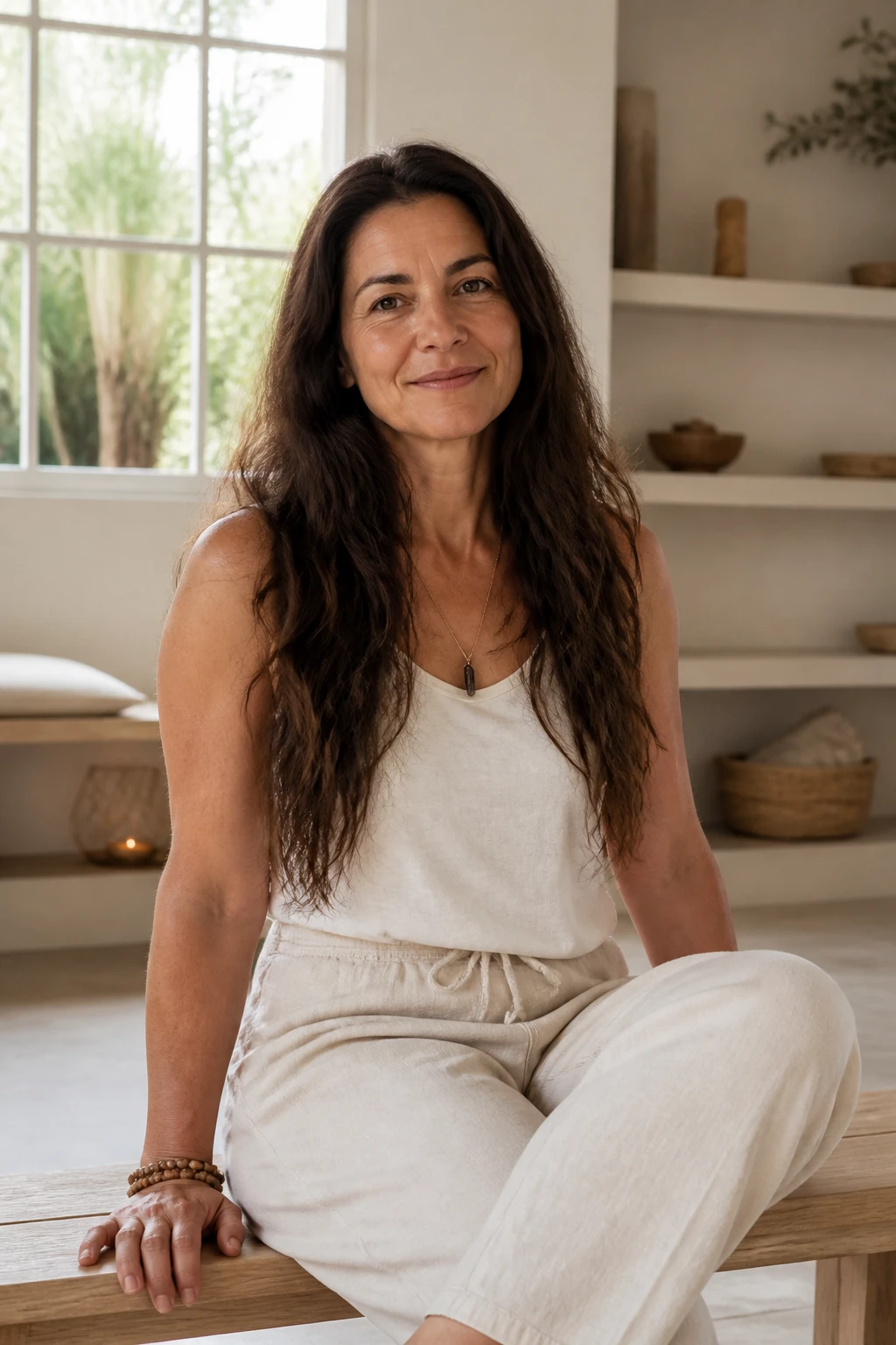 Marina, professora de hatha e yin, sentada serena num banco de madeira com a luz da janela ao fundo