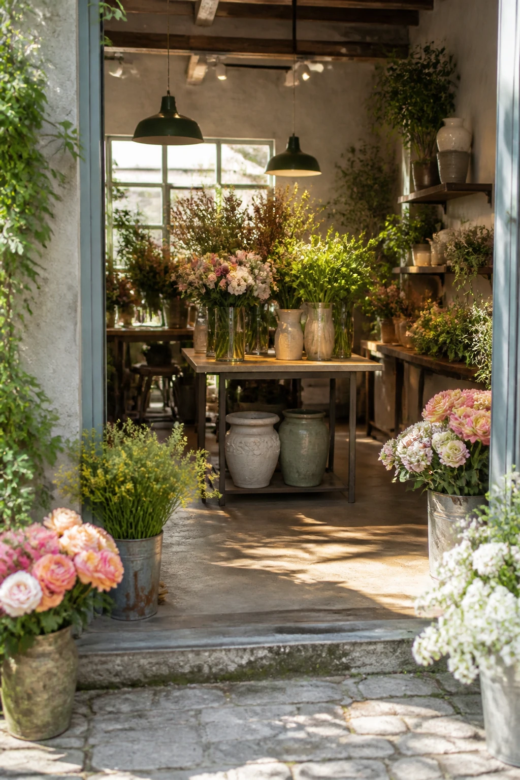 Vitrine do ateliê floral com baldes de flores da estação e luz natural entrando, ambiente acolhedor