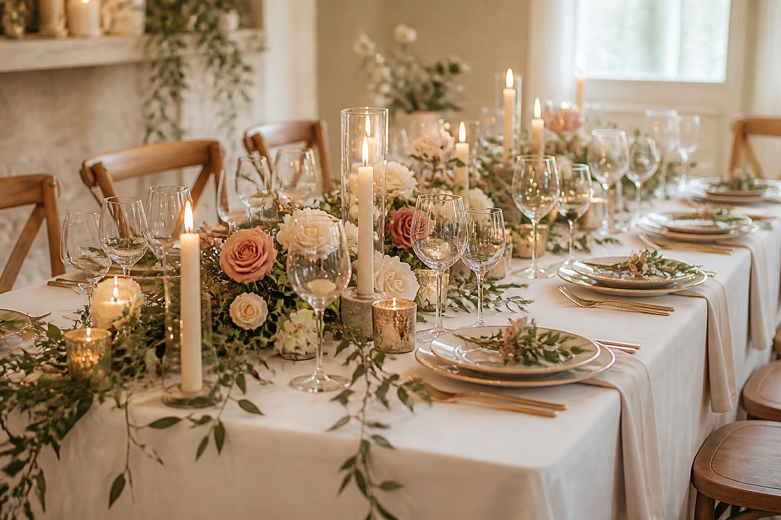 Mesa de jantar de casamento decorada com corredor de flores em tons creme, rosa-pó e folhagens, luz natural