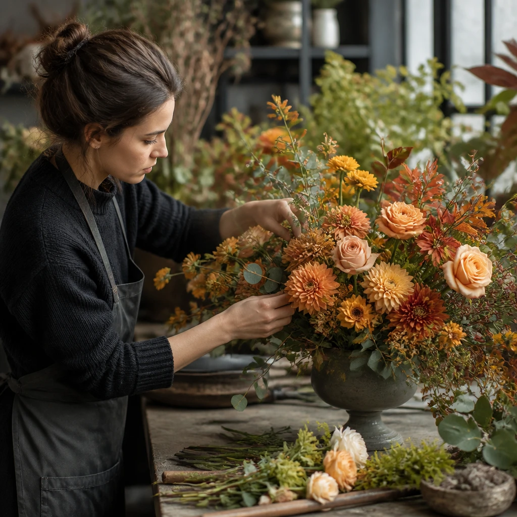 Florista compondo arranjo autoral com gesto cuidadoso, flores em tons quentes