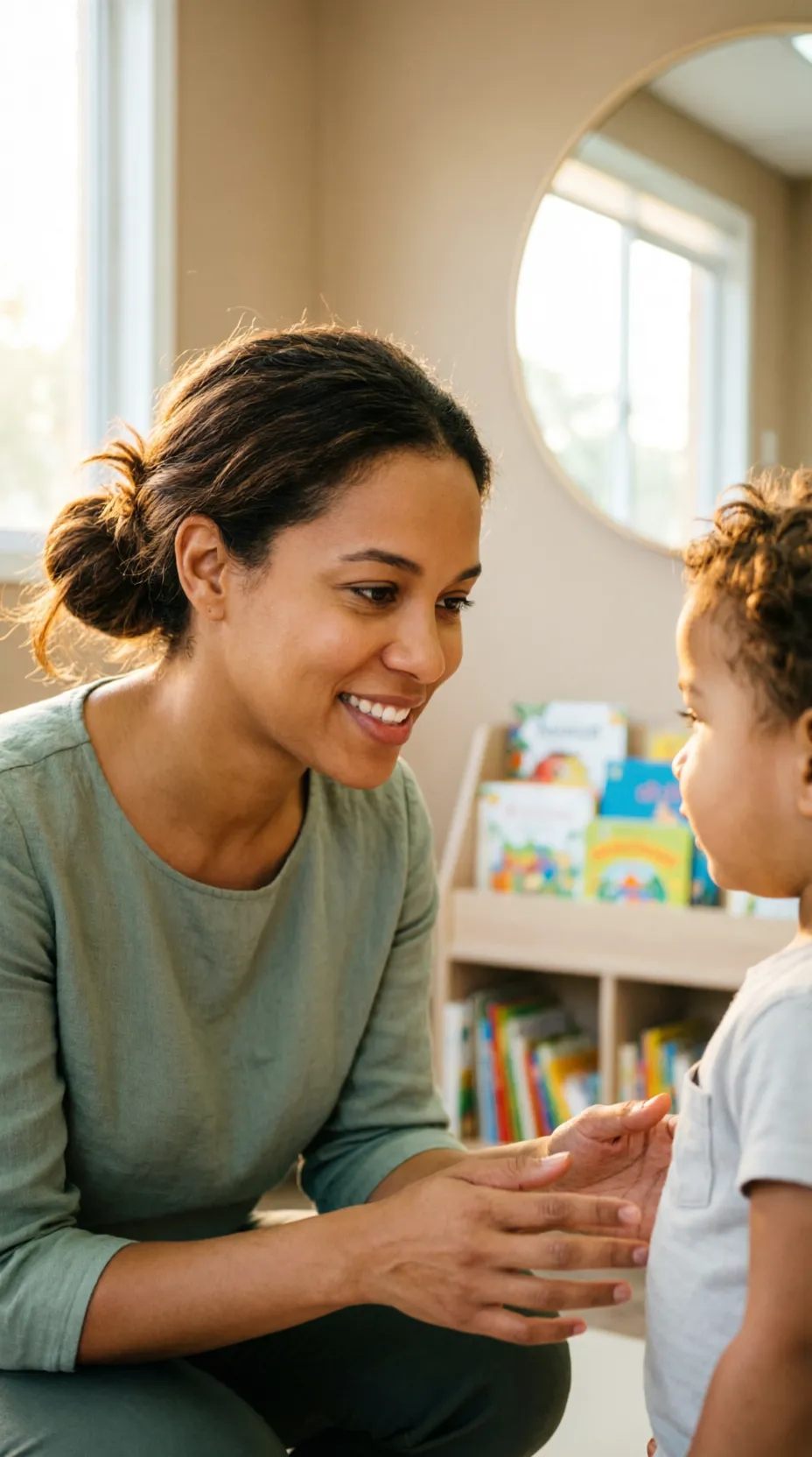Dra. Carolina Menezes agachada na altura de uma criança no consultório