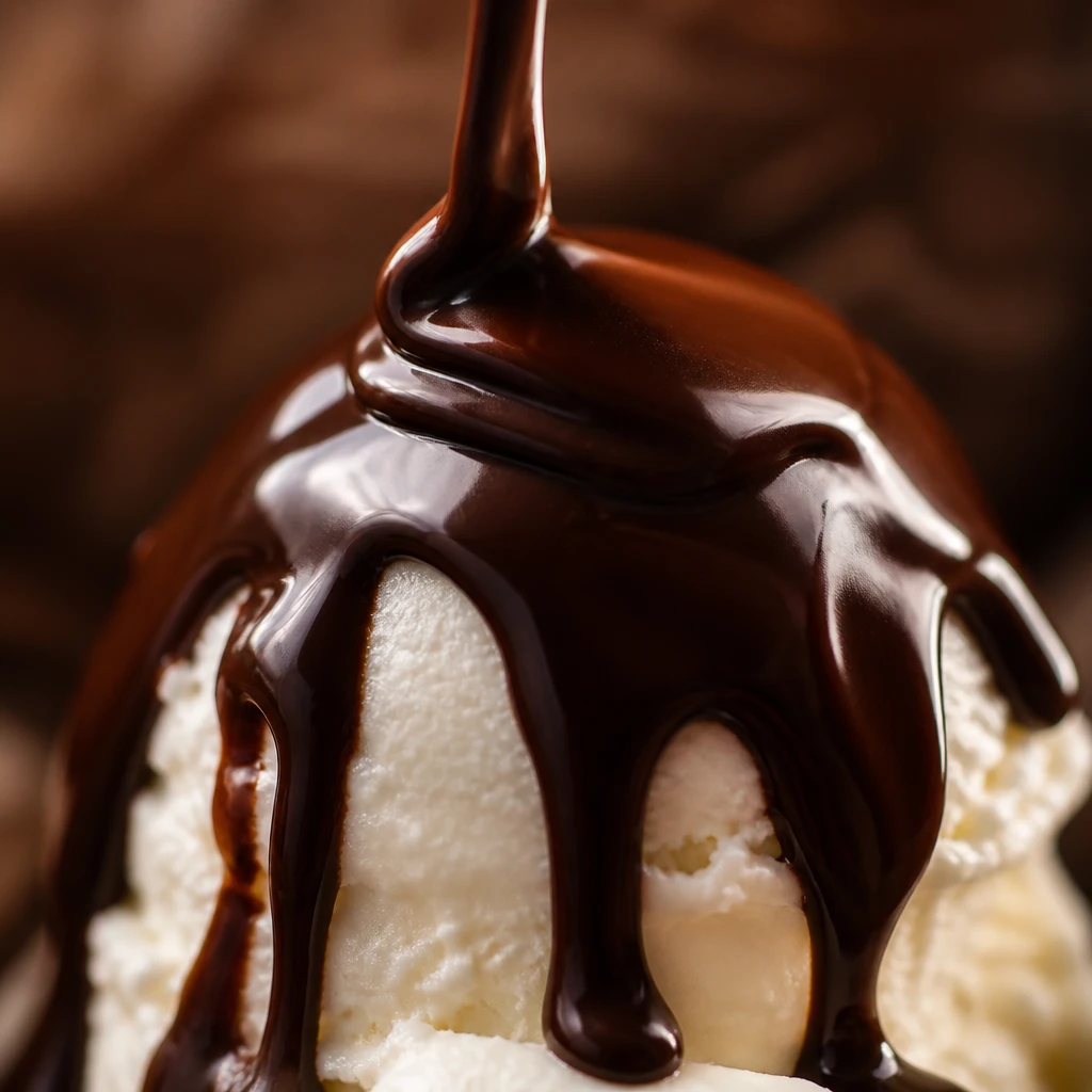 Macro de calda de chocolate quente escorrendo densa e brilhante sobre uma bola de gelato branco, fio escuro caindo