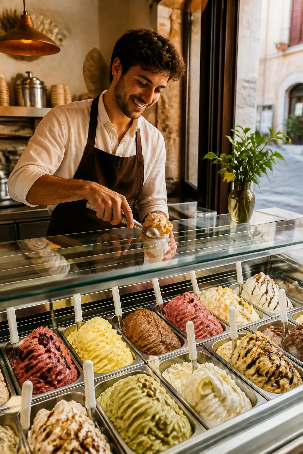 Balcão de gelateria artesanal com vitrine colorida de gelatos em cubas, atendente sorrindo servindo uma bola, luz quente e ambiente acolhedor