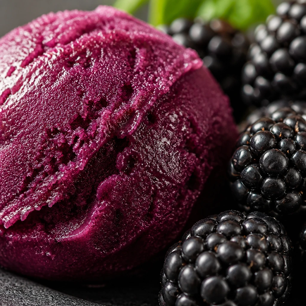 Macro de sorbet de amora roxo intenso e vibrante, textura granulada brilhante de fruta, com amoras frescas inteiras ao lado