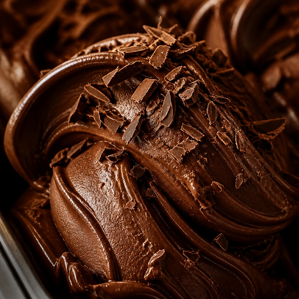 Macro de gelato de chocolate amargo marrom profundo e brilhante, com swirl denso e raspas de cacau por cima