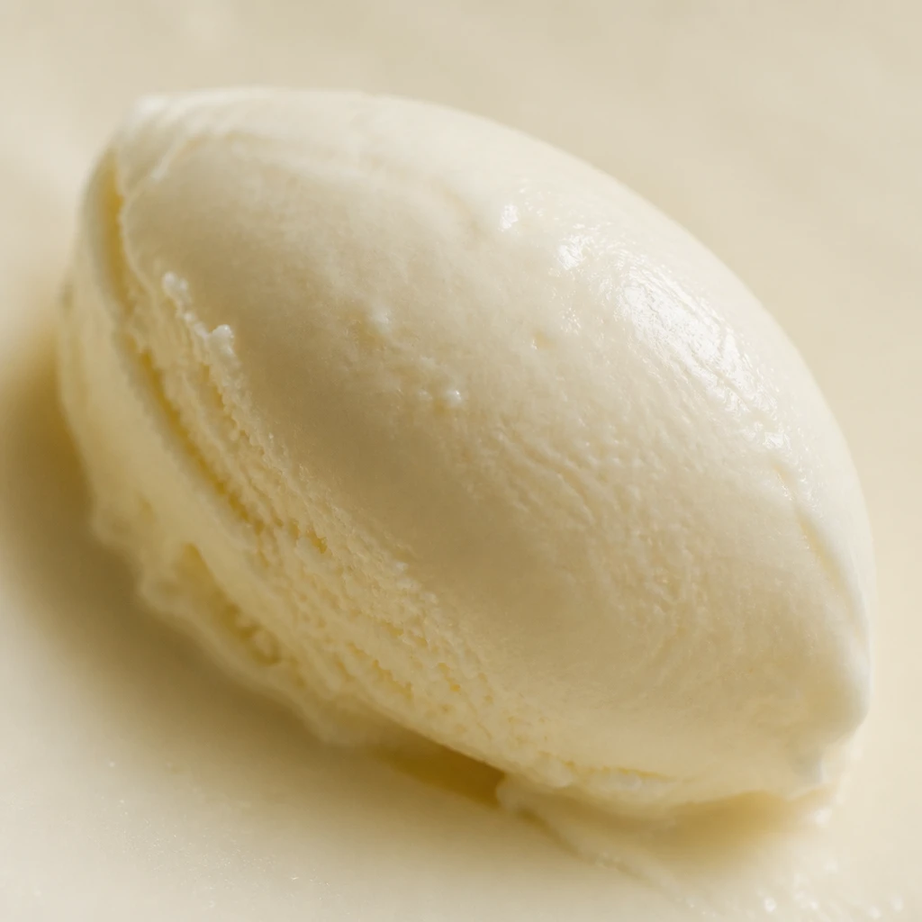Macro de gelato fior di latte branco-creme, textura sedosa e lisa em quenelle, sobre fundo claro com luz suave