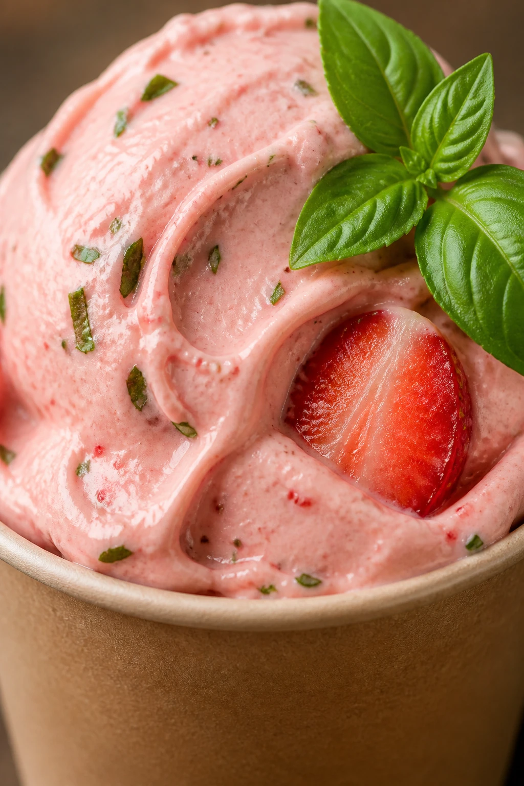 Macro de gelato de morango com manjericão, textura cremosa rosa e pontinhos verdes de folha picada, em pote de papel kraft