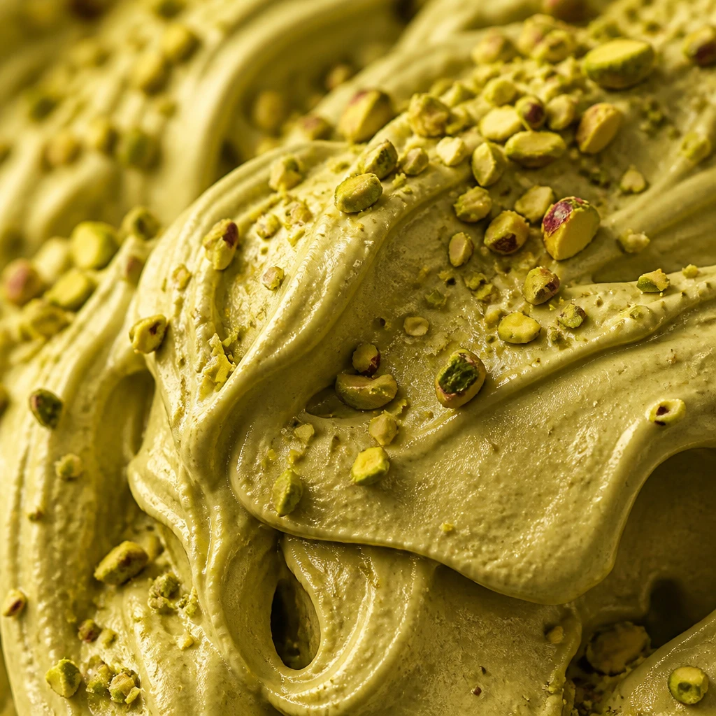 Macro de gelato de pistache verde natural, com lascas de pistache torrado por cima e swirl cremoso, luz dourada