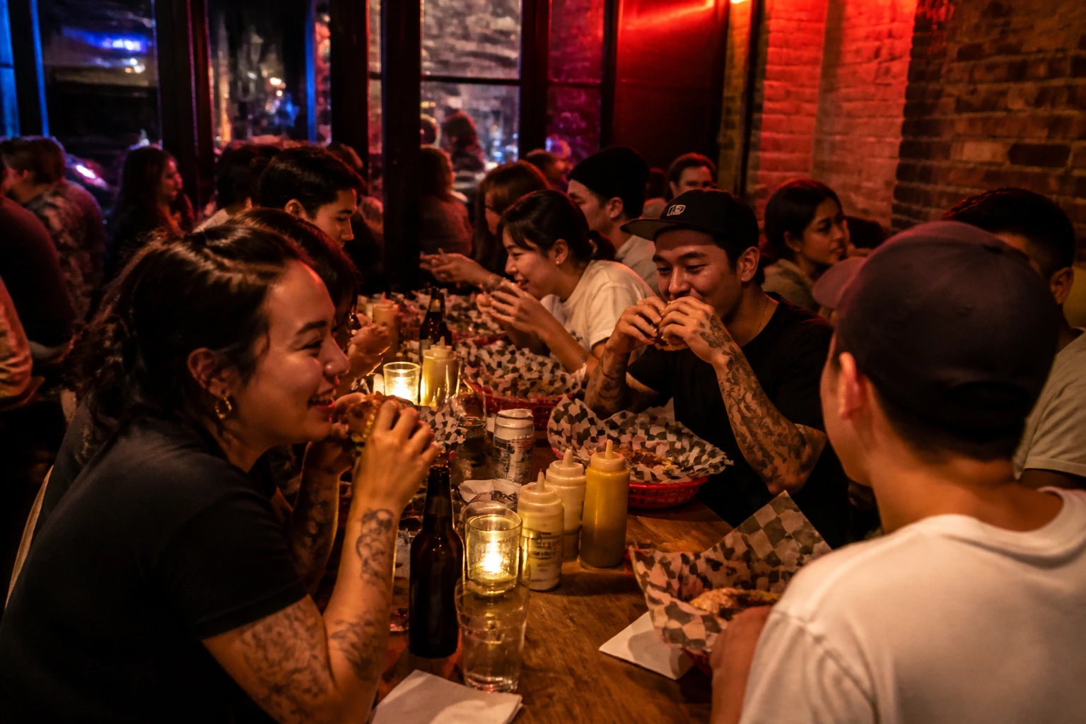 Salão lotado da hamburgueria com mesa comunitária, neon vermelho e gente comendo com a mão