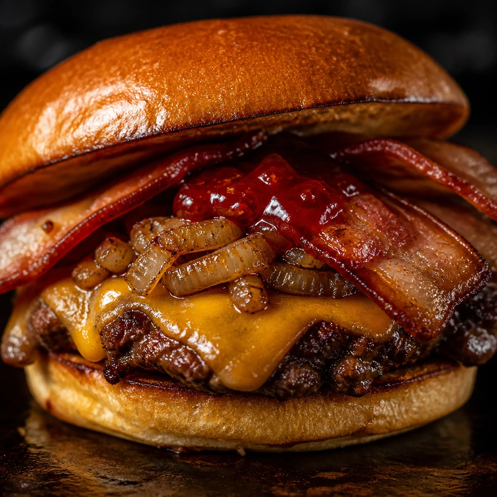 Smash burger com bacon caramelizado crocante, cheddar e cebola na chapa