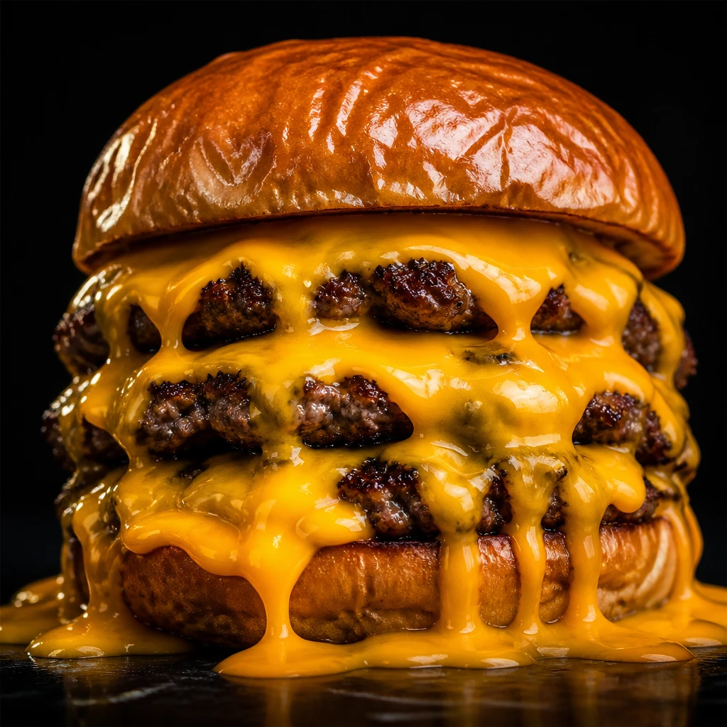 Smash burger com cheddar escorrendo abundante por toda a lateral do brioche