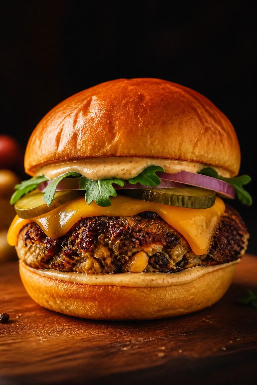 Smash burger vegetal de cogumelos com queijo derretido e brioche dourado