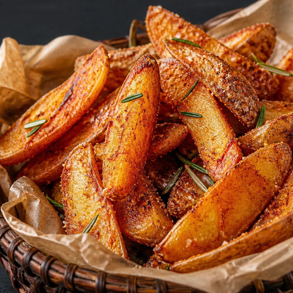 Batata rústica com casca, dourada e crocante, polvilhada com sal grosso e ervas