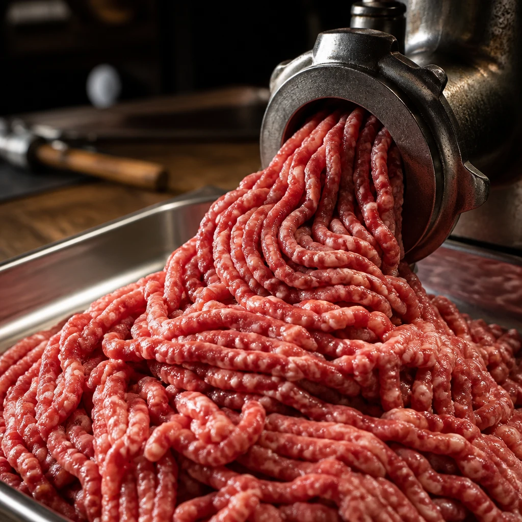 Carne sendo moída na casa, blend de cortes nobres na bandeja do açougue