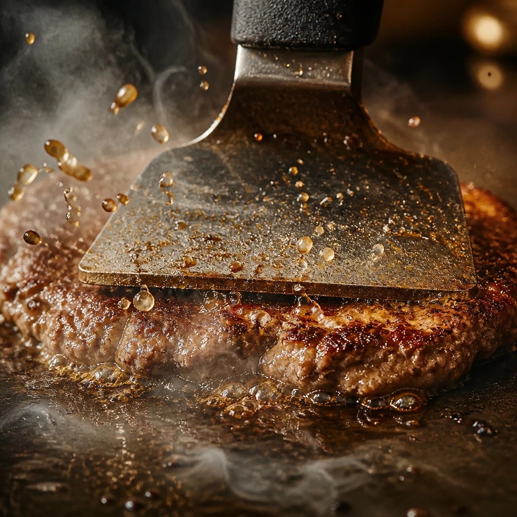 Espátula de aço amassando o disco de carne contra a chapa, com vapor e gordura chiando