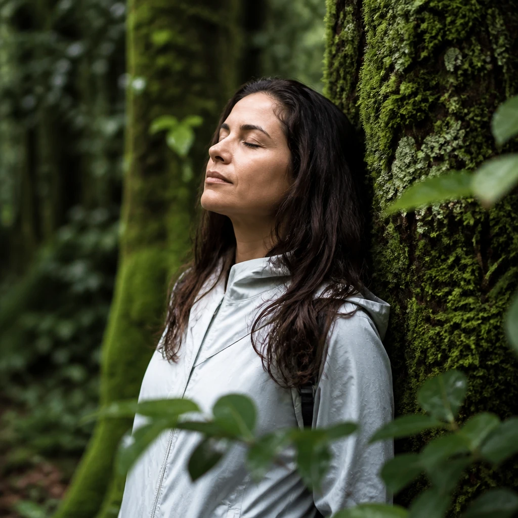 Pessoa de olhos fechados respirando em banho de floresta entre troncos cobertos de musgo