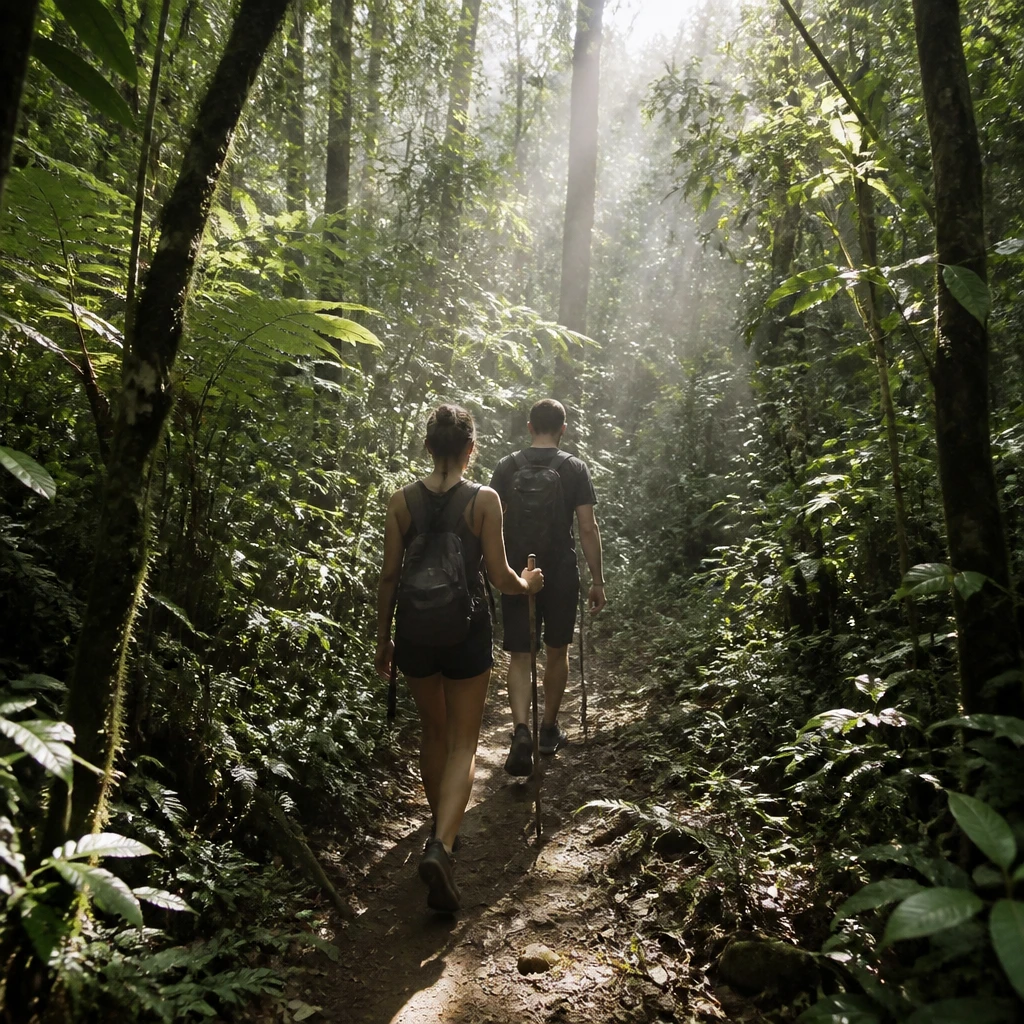 Casal em trilha na mata fechada da serra entre samambaias e luz filtrada pelas árvores