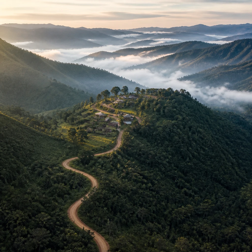Mapa estilizado da serra mostrando a estrada de terra serpenteando pela mata até a pousada no alto do vale